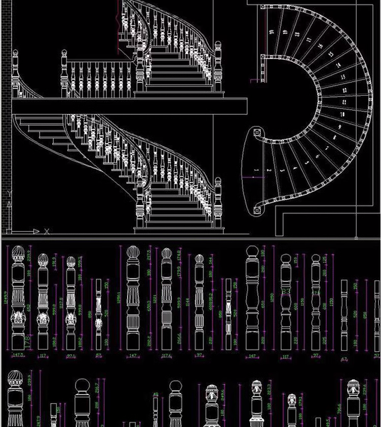 欧式美式整木实木楼梯CAD施工图模块将军柱扶手栏杆立柱起步大柱