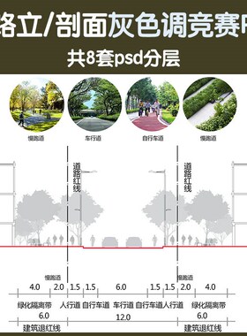 道路街道景观灰色调竞赛风psd立面剖面图横断面ps植物分层素材