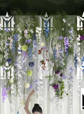 韩式户外婚礼花串手绘白绿色花艺布幔背景合影区psd素材