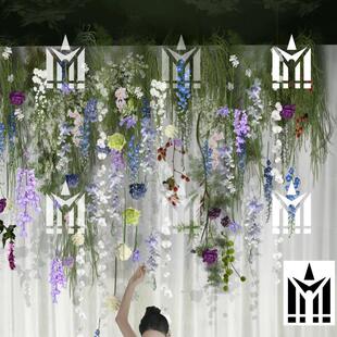 韩式户外婚礼花串手绘白绿色花艺布幔背景合影区psd素材