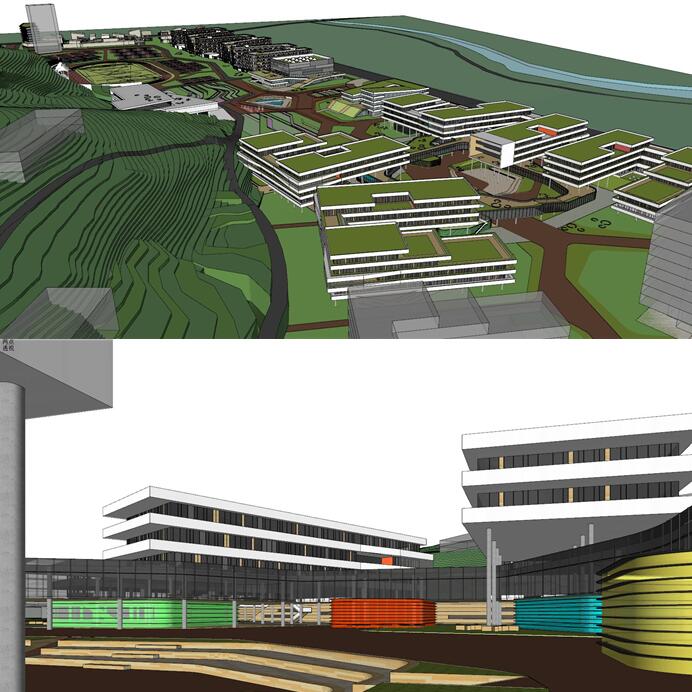 现代山地学校校园学院教学楼综合楼图书馆学生宿舍草图大师SU模型