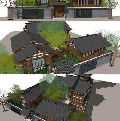 川西中式古建筑庄园度假村会所别墅楼阁茶室客栈草图大师SU模型