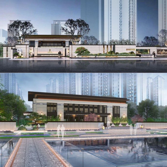 新中式新亚州售楼部示范区建筑景观大门入口SU模型