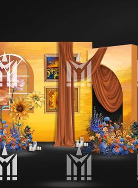 黄橙色桔黄蓝色手绘花艺婚礼舞台迎宾区psd分层源文件