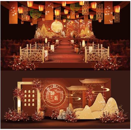 红金色中式奢华效果图婚礼婚宴背景KT板 舞台效果图布置 PSD素材