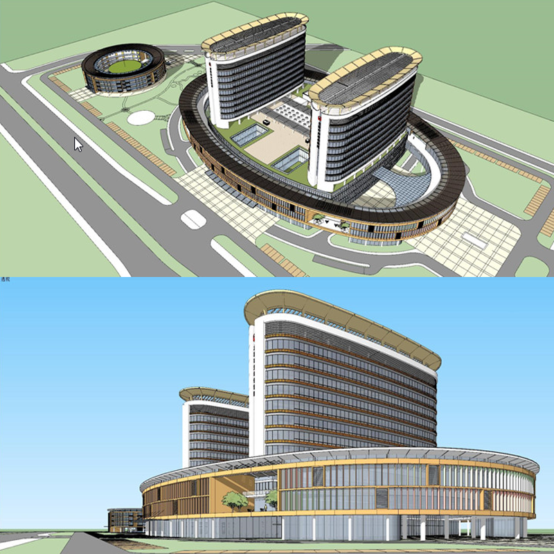 现代创意环形圆形妇幼保健院医院底层架空建筑风雨连廊廊架su模型