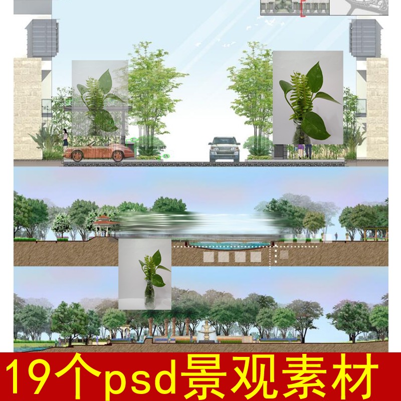 园林景观素材ps分层树木高清PSD景观后期平面立面剖面植物效果图