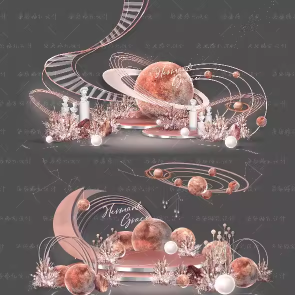 粉红色星空星轨曲线科幻星球主题婚礼舞台场景效果图迎宾区psd图