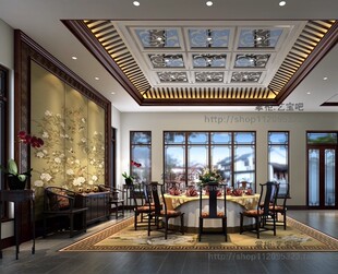 新中式别墅样板房设计CAD施工图3D效果图客厅餐厅吊顶天花背景墙