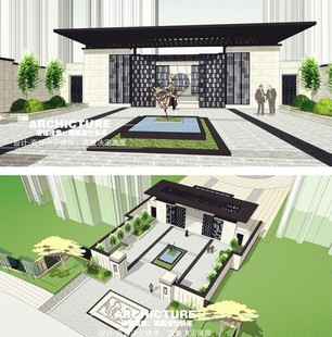 现代新中式高端别墅小区社区会所办公楼出入口大门草图大师SU模型