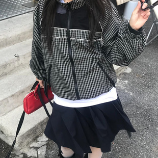 韩国东大门设计感休闲立领宽松显瘦格子夹克风衣外套 2025秋新款