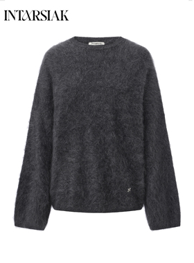 【INTARSIAK针织设计师品牌】百搭全羊毛拉毛圆领宽松长袖毛衣