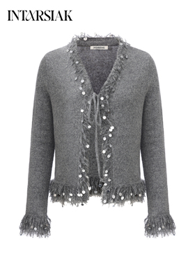 【INTARSIAK针织设计师品牌】手工钉亮片银丝全羊毛针织系带开衫