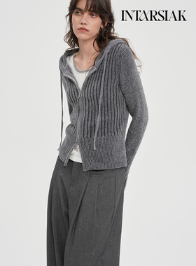 【INTARSIAK针织设计师品牌】哲褶 雪尼尔连帽双头拉链针织外套