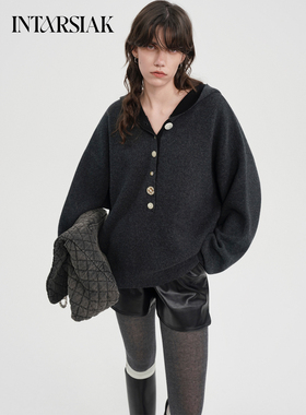 【INTARSIAK针织设计师品牌】阿诺河岸 全羊毛蝙蝠袖连帽套头毛衣