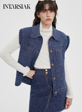【INTARSIAK针织设计师品牌】仿拼接牛仔针织外套休闲短款上衣女