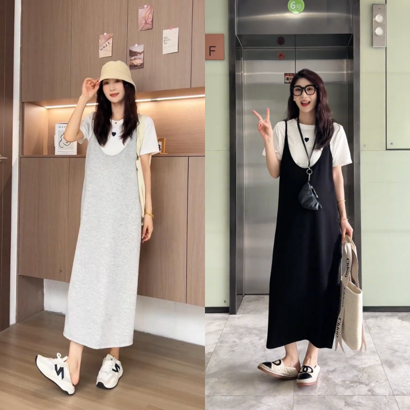 休闲孕妇装秋装百搭短袖圆领打底上衣宽松外穿吊带裙女2026两件套