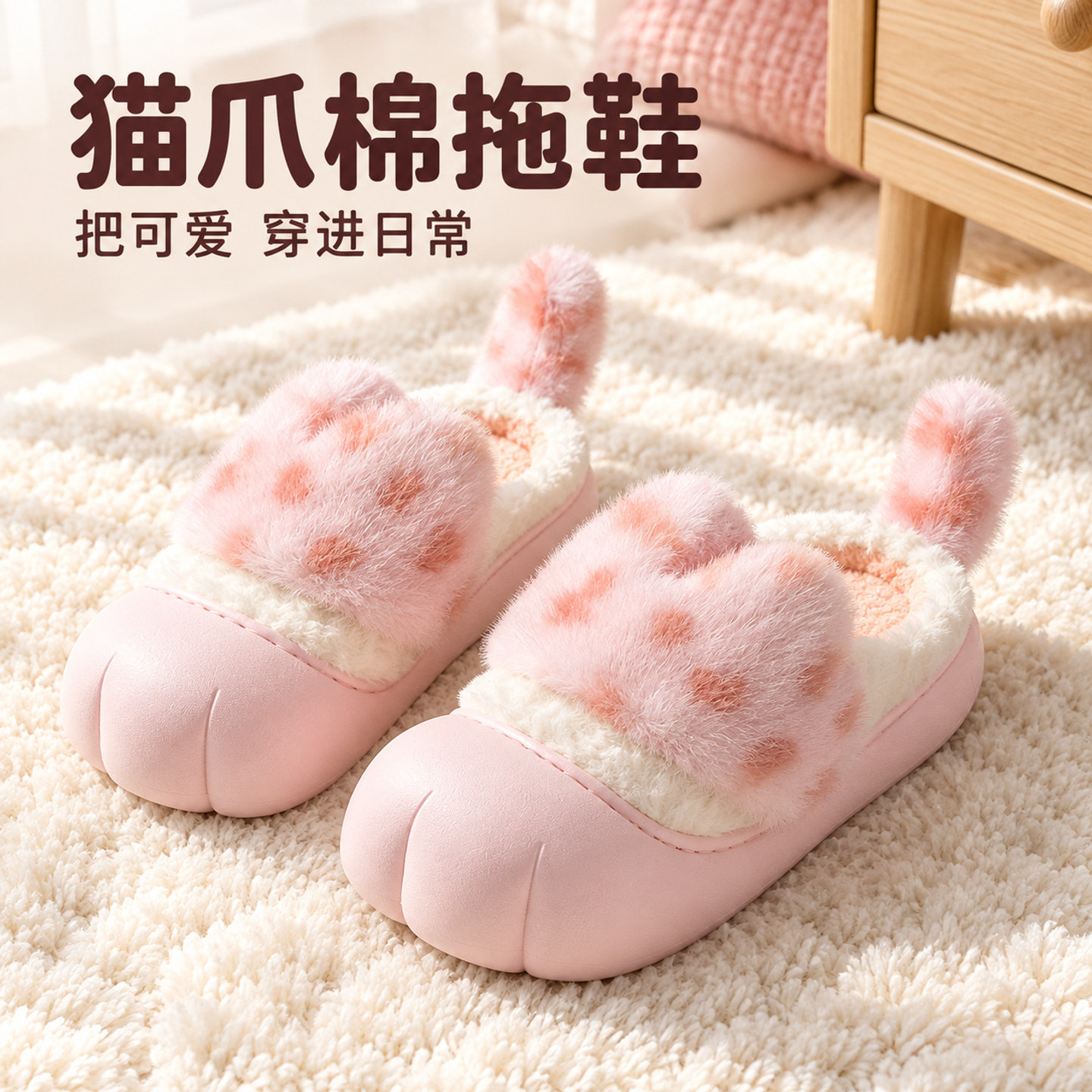 猫爪棉女秋冬季室内居家毛绒拖鞋