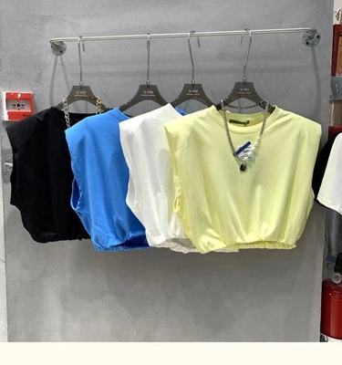短款美式无袖爵士舞上衣女夏宽松圆领松紧摆坎肩T恤露脐砍袖女装