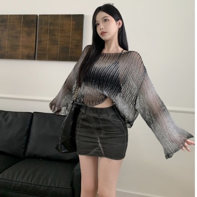 爵士舞罩衫微胖妹渐变针织衫长袖防晒衫显瘦薄款jazz跳舞上衣宽松