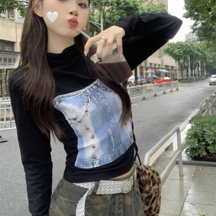 复古半高领长袖短款辣妹上衣修身小众潮女甜辣爵士舞服装女打底衫