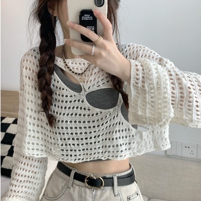 爵士舞罩衫微胖妹薄款镂空设计感防晒长袖针织衫jazz跳舞上衣宽松