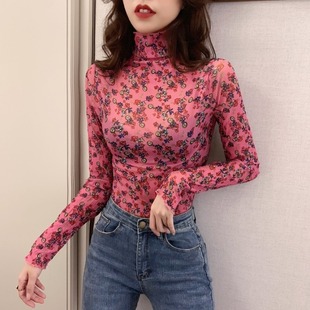 复古碎花网纱打底衫薄款微透花色上衣辣妹高领显瘦印花防嗮T恤ins