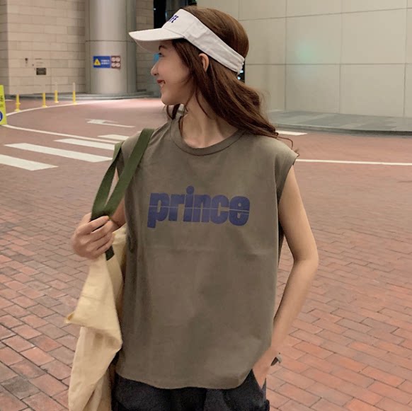 军绿色无袖t恤女港风chic宽松大版简约字母体恤网红同款背心上衣
