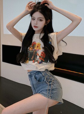 白色短款爵士舞上衣女夏卡通印花无袖垫肩T恤正肩露脐辣妹背心