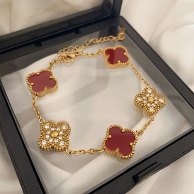 幸运四叶草花朵手链女Ins小众高级感钛钢k金色双面镶钻手环首饰红