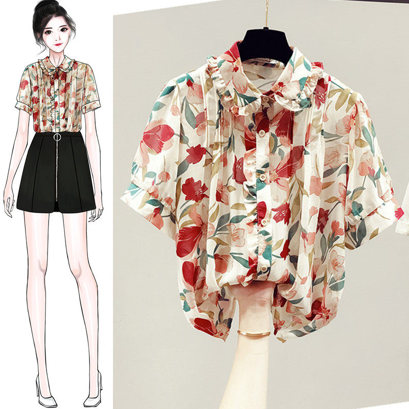 设计感小众轻熟女士雪纺衬衫短袖夏季2020年新款碎花上衣衬衣薄款