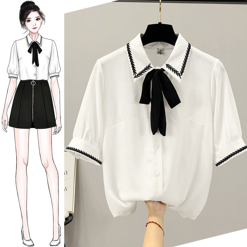 设计感小众简约女士雪纺衬衫短袖夏季2020年新款白衬衣薄款上衣服