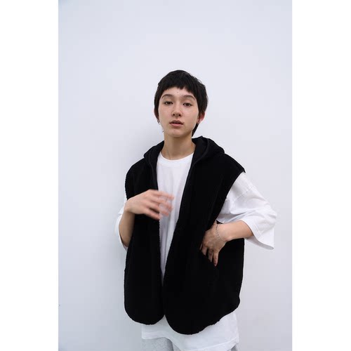 seeseao黑色摇粒绒背心宽松上衣