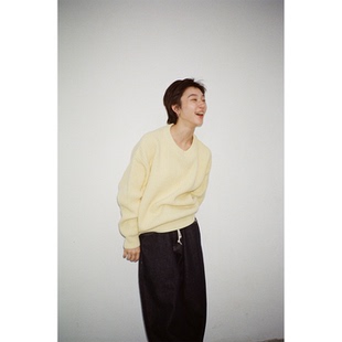 seeseao浅黄套头毛衣针织宽松慵懒亲秋冬薄款 外穿内搭女款