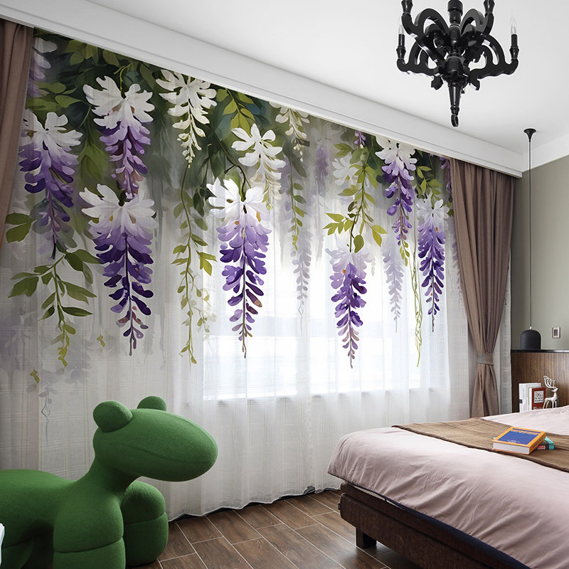 绿色植物窗帘北欧绿植ins风格纱帘田园卧室小清新窗纱客厅不透人