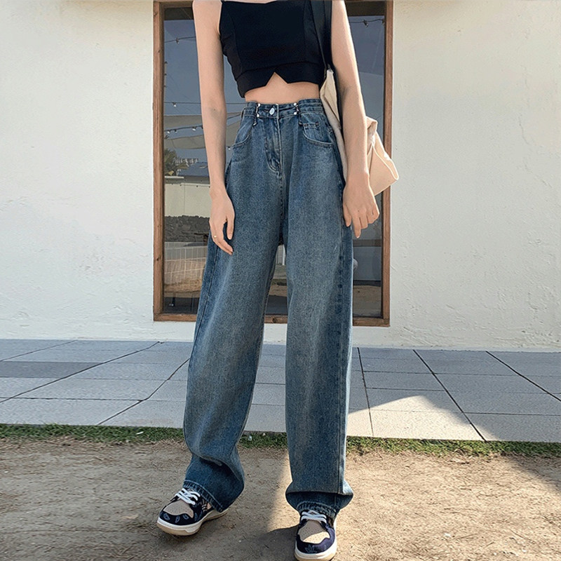 牛仔裤直筒chic夏季薄款胖妹妹mm大码高腰遮胯复古收腰阔腿拖地裤