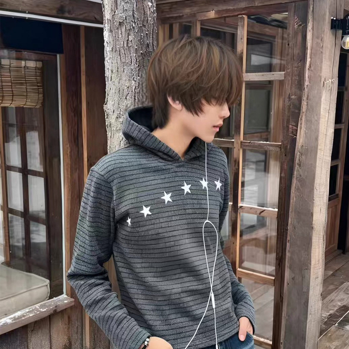 LOVEY秋冬羊毛混纺星星条纹流星连帽卫衣短宽男百搭帽衫cleanfit