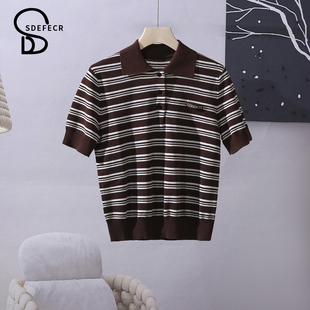 上衣 专柜同款 2025新款 条纹polo领复古短袖 针织t恤女翻领针织衫
