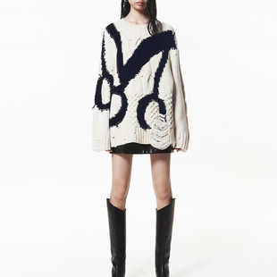 商场同款2025冬破洞毛衣女宽松慵懒风提花粗纺绵羊毛针织衫上衣女