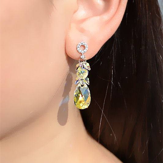 简约手工925纯银耳钉彩色奥地利水晶水滴耳饰短款耳坠圣诞节礼物