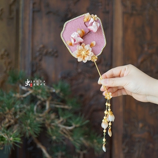 中式 甜美中国风 新娘原创手工饰品团扇子2599 绒花粉玉兰 虫子家