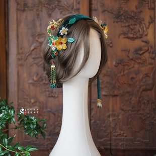 虫子家 短发新娘发箍头饰古 新中式国风绿色晚宴造型高定发饰3267