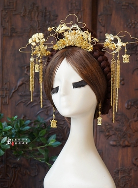 虫子家 素金色新娘手工凤冠晨袍龙凤褂中式婚礼发饰古风头饰23335