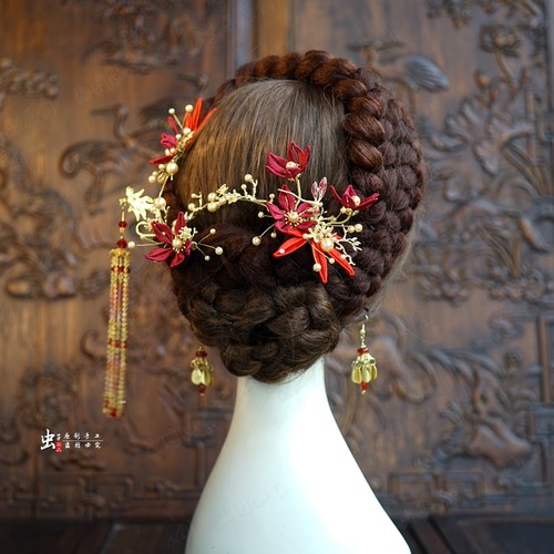 古典重工缠花红色喜庆风大气发簪