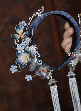 虫子家新中式发箍 短发新娘银灰色晚宴高级头饰绒花 设计师款3266