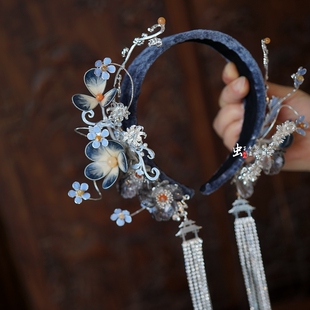 虫子家新中式发箍 短发新娘银灰色晚宴高级头饰绒花 设计师款3266