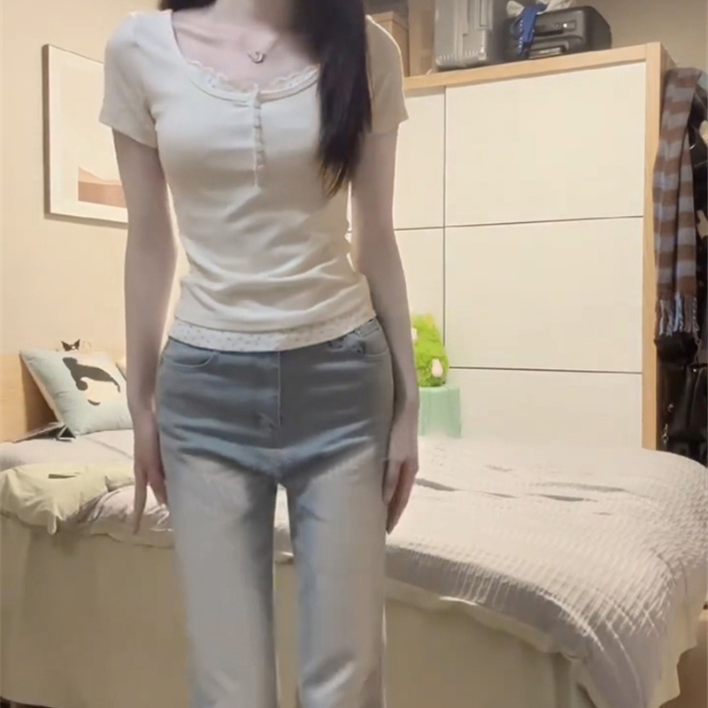 甜辣碎花短袖正肩t恤女夏季2025新款修身内搭蕾丝花边假两件上衣