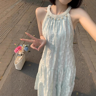 小众设计感海边度假风长裙 法式 气质珍珠无袖 挂脖连衣裙女夏季 新款