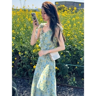 法式 设计感荷叶边海边度假沙滩长裙 碎花吊带连衣裙女夏季 2025新款
