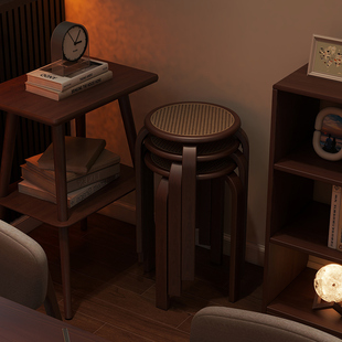 阑珊阁藤编实木餐凳可收纳圆凳餐厅叠放凳家用备用凳客人凳小板凳